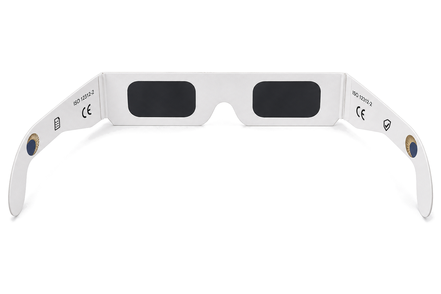 Open eclipse glasses with solar filter and internal safety markings