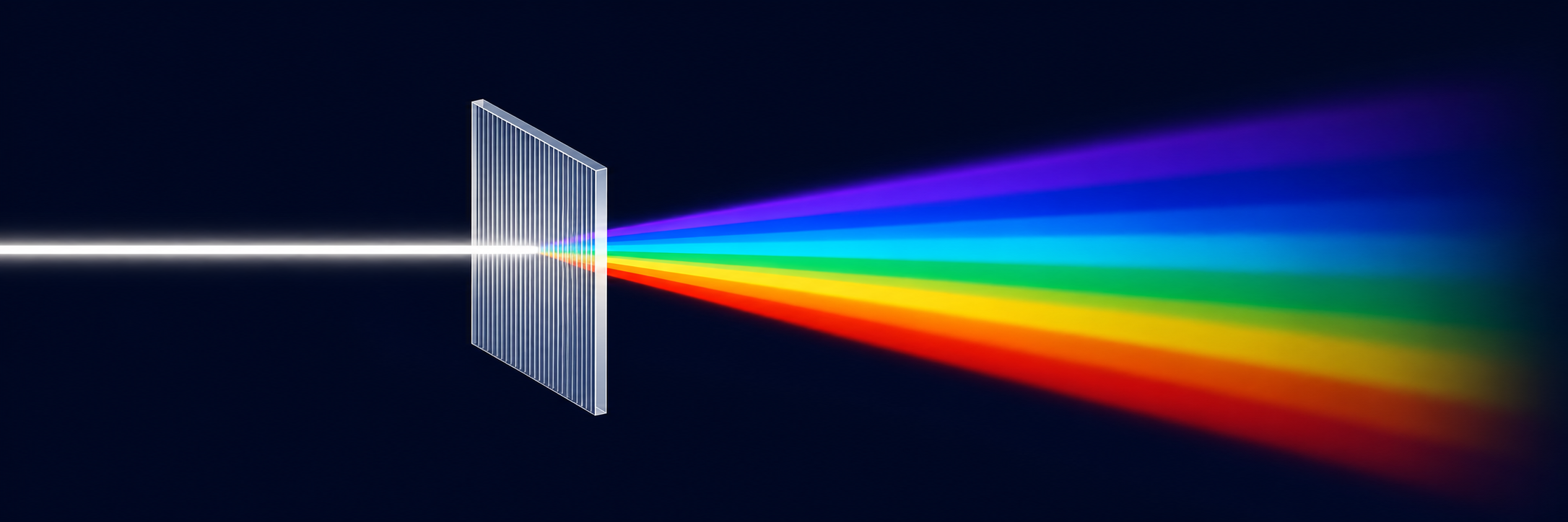 A beam of light passes through a diffraction grating and separates into the colours of the spectrum